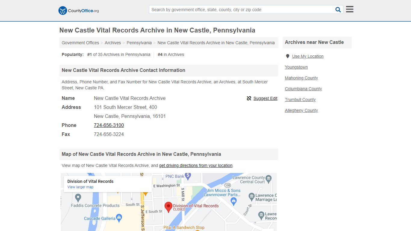 New Castle Vital Records Archive - New Castle, PA (Address, Phone, and Fax)